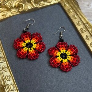 Handcrafted Floral Seed Beaded Earrings - Red, Yellow, Black